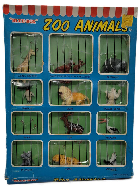 Blue-Box Zoo Animals Figure Set #77294, plastic zoo animal figures including a young giraffe, giant kangaroo baby kangaroo, elephant, penguin, lion, polar bear, bear, doe, pelican, monkey, tiger, and gibbon in a colorful display box with a missing bear.