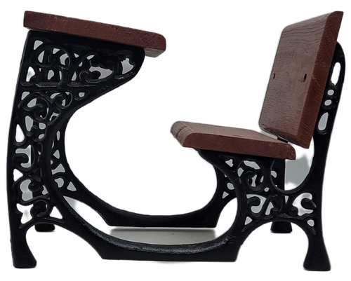 School desk with black cast iron legs and wood desktop and chair.  The desk is 11-inches long x 7-inches wide x 8.25-inches high.  American Girl Doll size but cannot verify if this is Samantha's desk.