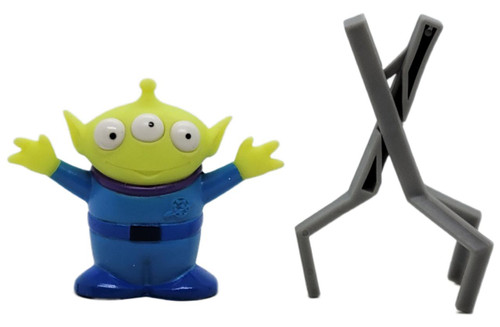 Burger King Kids Club 1996 Disney's Toy Story The Squeeze Toy Alien Figure, loose toy of a three-eyed green alien from Toy Story with a blue uniform, next to a gray plastic stand.