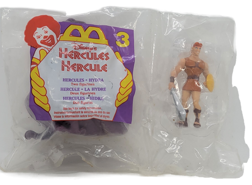 McDonald's Happy Meal Toy of Hercules and Hydra from the 1997 Disney's Hercules series. The series offered two different figures in each Happy Meal and featured 10 different sets to collect. The series was available June 20 - July 24, 1997.