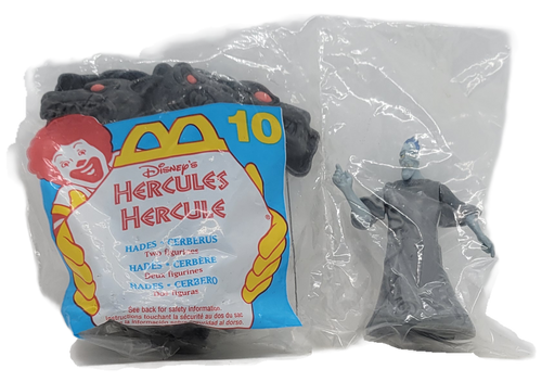 McDonald's Happy Meal Toy of Hades and Cerberus from the 1997 Disney's Hercules series. The series offered two different figures in each Happy Meal and featured 10 different sets to collect. The series was available June 20 - July 24, 1997