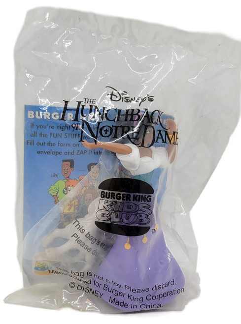 Burger King Kids Club 1996 Disney's The Hunchback of Notre Dame Esmeralda with Djali the Goat toy, inside a plastic bag with promotional information.