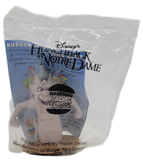 Burger King Kids Club 1996 Disney's The Hunchback of Notre Dame Gargoyle Laverne action figure in packaging, featuring Laverne a gargoyle character from The Hunchback of Notre Dame with a smiling face, holding a water cup, inside a sealed plastic bag with branding and cartoon graphics.