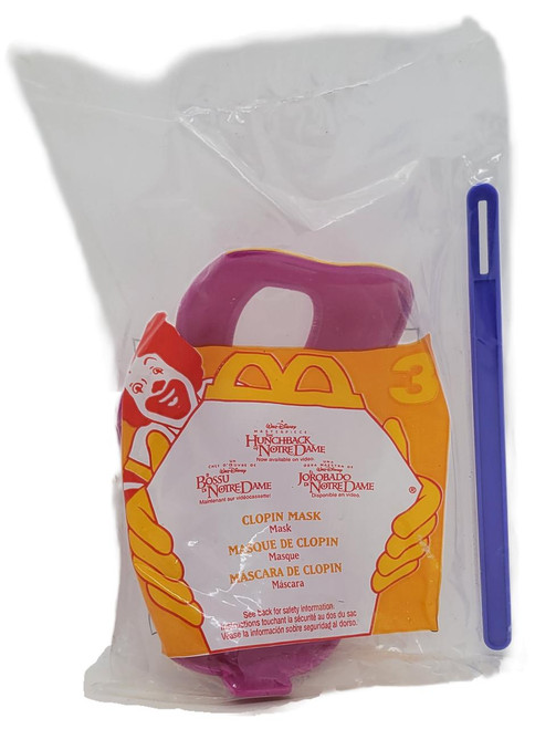 McDonald's Happy Meal Toy 1997 Disney's The Hunchback of Notre Dame #3 Clopin Mask, packaged in clear plastic with a purple mask and a blue straw included.