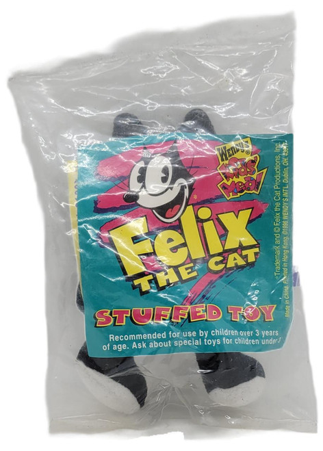 Felix the Cat Wendy's Kids Meal Toy 1996, stuffed plush toy in original packaging with colorful label and cartoon Felix the Cat face.