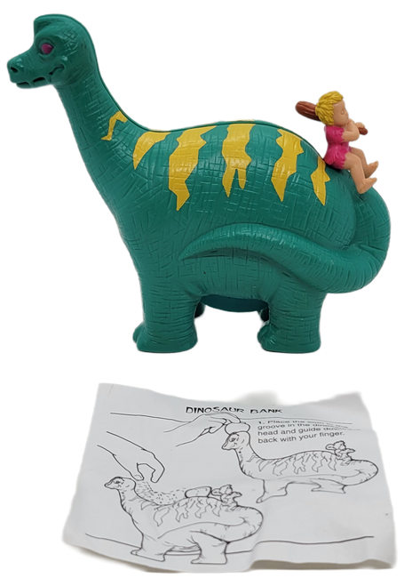 Wendy's Kids Meal Dino Bank from the 1996-1997 Club Cave series of toys.  The Dino Bank is a green dinosaur that resembles a Brontosaurus with yellow strips and a young caveman boy sitting on top of the tail.  The series was available Dec. 30, 1996 - Feb. 9, 1997.