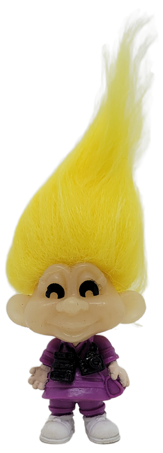 Burger King Kids Club Snaps Troll doll from the 1993 Glow-In-The-Dark Troll doll series.  Snaps, a yellow hair troll is wearing a purple outfit with white shoes and a camera hanging from neck.  The troll stands 2.75-inches tall and has 4-inches of yellow hair.