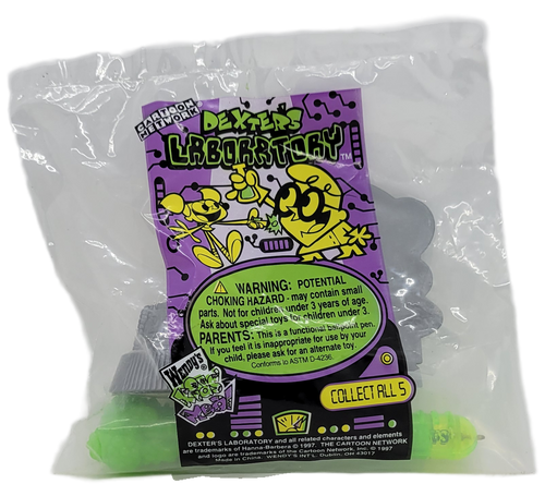 Wendy's Kids' Meal toy Dexter's pen holder from the 1997 Cartoon Network Dexter's Laboratory series of toys.  The pen holder feature's Dexter standing beside a grey base that comes with a green plastic pen that looks like a test tube with green liquid.  The series consisted of 5 toys for ages 3 and over and 1 toy for all ages and was available Oct. 20 - Nov. 23, 1997.