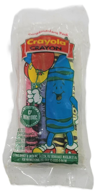 Crayola 1995 Crayola Crayon Complimentary Pack, a sealed plastic pack with a cartoon crayon character holding balloons, featuring vibrant colors and the Crayola logo.