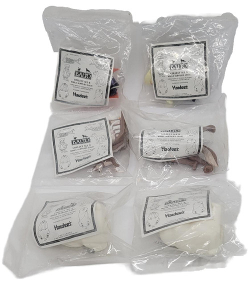 Hardee's Kids' Meal 1995 Balto Complete Set of Toys, five small toys in clear sealed plastic bags with Balto-themed labels.
