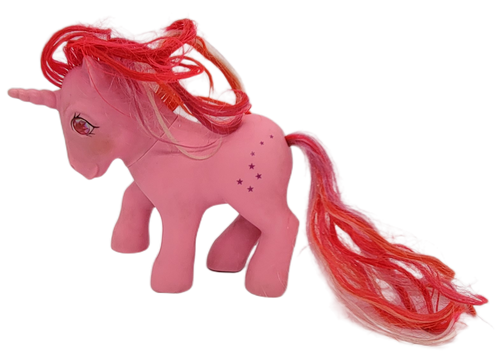 Vintage Hasbro 1985 G1 My Little Pony Twinkle-Eyed Ponies Galaxy.  Galaxy is a pink unicorn with red and pink hair and stars on body. Galaxy was made in Hong Kong.