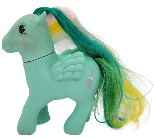 Vintage Hasbro 1985 G1 My Little Pony Brush 'n Grow Braided Beauty Pegasus. Braided Beauty is a green pegasus with yellow, pink and blue hair and pink ponytails on body. Braided Beauty was made in Hong Kong.