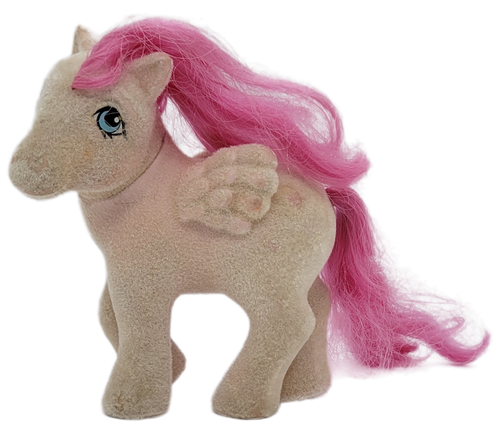 Vintage Hasbro 1985 G1 My Little Pony So Soft Ponies Heart Throb.  Heart Throb is a fuzzy pink pegasus with pink hair and magenta hearts on body.
