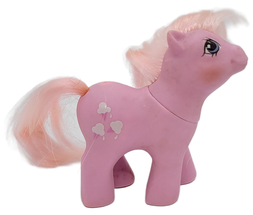 Vintage Hasbro 1987 G1 My Little Pony Babies with First Tooth Baby Lickety-Split. Baby Lickety-Split is a pink pony with pink hair and 3 pink ice cream cones with white scoops of ice cream on body. Lickety-Split was made in Hong Kong.