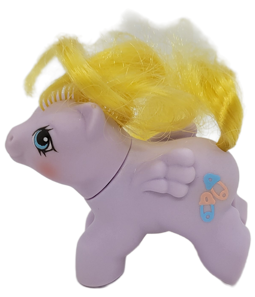 Vintage Hasbro 1987 G1 My Little Pony Newborn Twins Speckles. Speckles, a purple pegasus with yellow hair and 2 pink and blue diaper pins on body. Speckles has a twin Bunkie that was sold together.  They were made in Hong Kong.