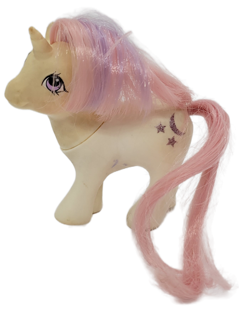 Vintage Hasbro 1984 G1 My Little Pony Baby Ponies Baby Moondancer.  Baby Moondancer is a white unicorn with pink with purple streak hair and a purple glitter moon and 2 stars on body. Baby Moondancer was made in Hong Kong.