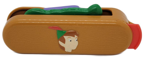 McDonald's Happy Meal Toy 1998 Disney's Peter Pan #5 Activity Tool, loose plastic toy resembling a wooden treasure chest with a Peter Pan character face and other colorful plastic tools inside.