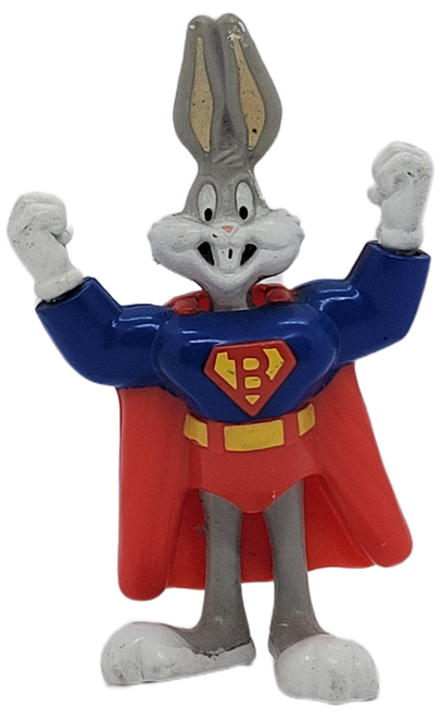McDonald's Happy Meal toy of Bugs Bunny/Super Bugs from the 1992 Super Looney Tunes series of toys. Bugs Bunny/Super Bugs features Bugs Bunny wearing Superman inspired outfit with a B on his chest instead of S.  The series contained 4 regular toys and 1 under age 3 toy and was available November 8 - December 5, 1992.
