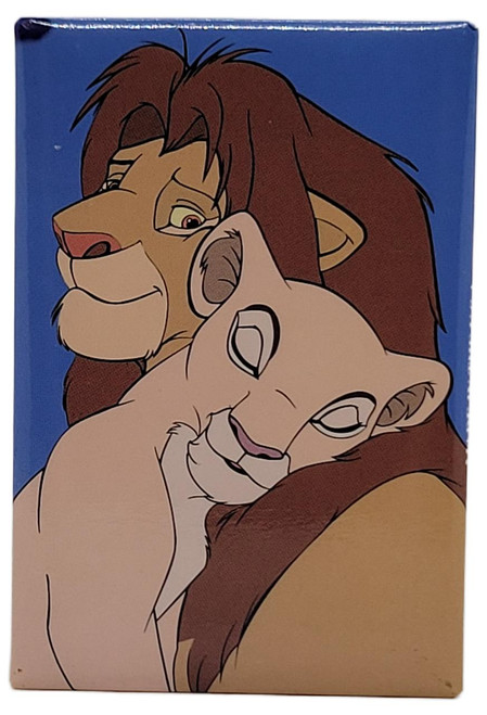 OSP Publishing Disney's The Lion King Simba and Nala Pinback, featuring a close-up image of Simba and Nala in a loving embrace from the animated movie.