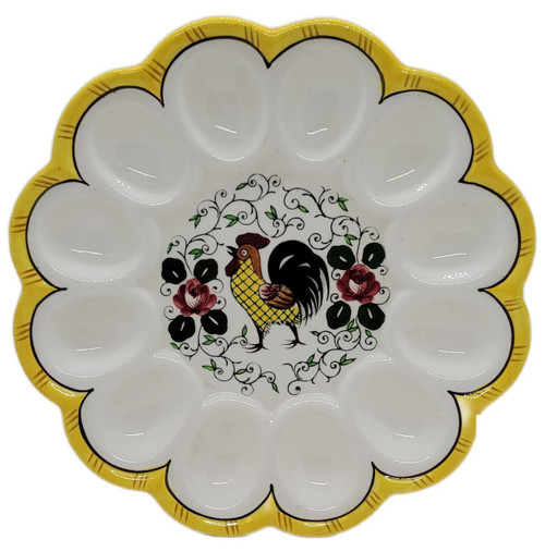 UCAGCO Vintage UCAGCO PY Dinnerware Rooster and Roses Deviled Egg Plate Made in Japan, ceramic serving dish with a decorative rooster illustration surrounded by roses and a yellow scalloped border.