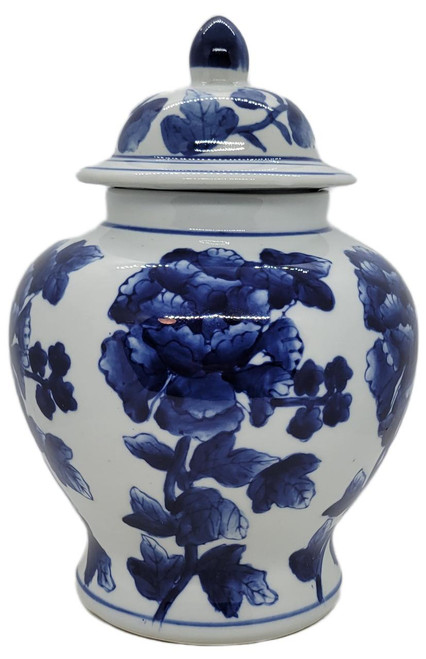 Unknown Blue and White Porcelain Ginger Jar With Chinoiserie Floral Design, decorative ginger jar featuring traditional blue floral motifs on white porcelain with a matching lid.