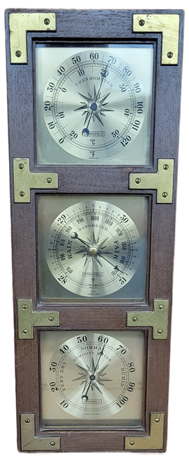 Springfield Instrument Company 20-inch wall hanging weather station that measures temperature, barometric pressure and humidity.  The thermometer, barometer and hygrometer is in a plastic wood grained wall hanging frame.