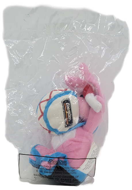 Energizer Batteries 1997 beanbag plush of the Energizer Bunny that stands 7-inches tall. The Energizer Bunny is the mascot of Energizer batteries in Canada, United States and Turkey. It is a pink mechanical toy rabbit with an Energizer battery wearing sunglasses and blue and black striped flip-flops that beats a bass drum bearing the Energizer logo.