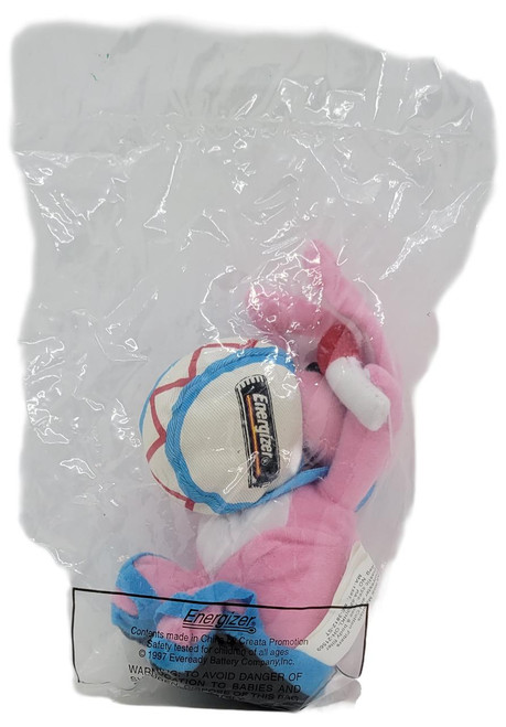 Energizer Batteries 1997 Energizer Bunny 7" Beanbag Plush, pink and white plush toy of the Energizer Bunny holding a battery, in clear plastic packaging.