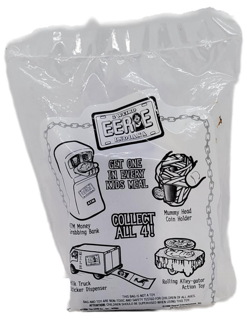 Hardee's Carl's Jr./Hardee's Cool Kids Meal Toy 1998 Eerie Indiana ATM Money Grabbing Bank, black and white illustration of a coin collecting bank with toy set features.