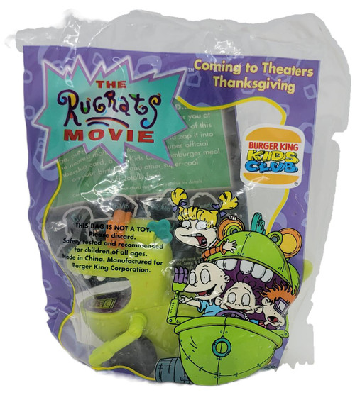 Burger King Kids' Club 1998 The Rugrats Movie Reptar Wagon, colorful plastic toy featuring characters from Rugrats in a small green wagon, promotional packaging.