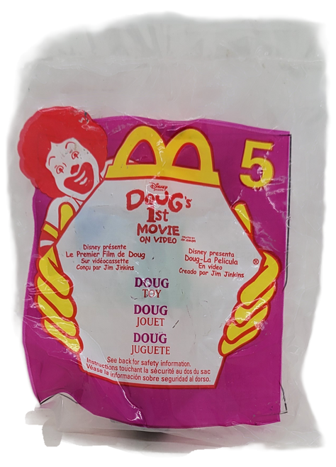 McDonald's Happy Meal toy of Doug as a figural pin from the 1999 Disney Doug's 1st Movie series of toys. Doug is wearing brown pants with white shirt and green sweater vest. The series contained 8 toys and was available September 17 - October 14, 1999.