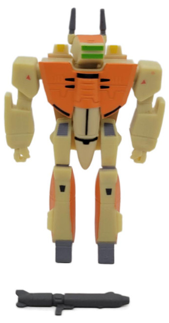 Super7 Robotech VF-1D ReAction Figure (Loose), an orange and cream colored robot action figure with green and gray details, accompanied by a gray weapon accessory.