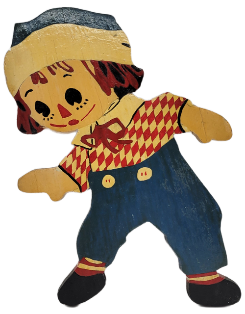 Vintage Raggedy Andy 9-inch tall wooden wall art plaque.  Andy appears to be hand painted with original look of blue pants, red and white checkered shirt with white collar.