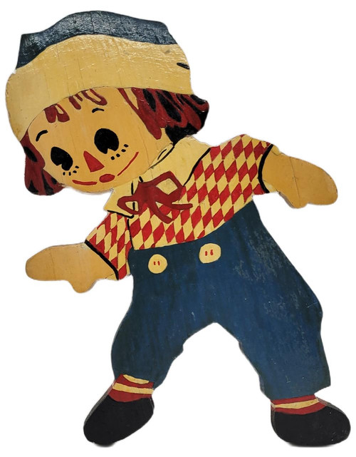 Unknown Vintage Raggedy Andy 9" Wooden Wall Art Plaque, handcrafted wooden wall hanging depicting Raggedy Andy doll with red yarn hair, whimsical painted face, red and yellow diamond-patterned shirt, blue overalls with yellow buttons, and black shoes.