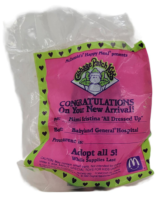 McDonald's Happy Meal Toy 1992 Cabbage Patch Kids Mimi Kristina "All Dressed Up", plush doll with dressed up Cabbage Patch Kids design in original packaging.