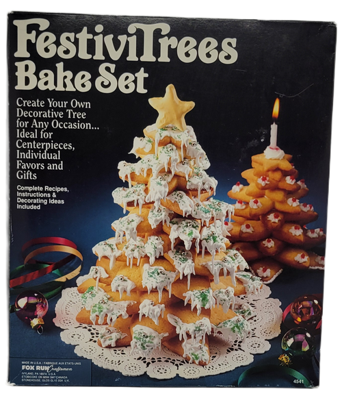 FestivTrees Bake Set by Fox Run Craftsmen comes with 6 different size star metal cookie cutters, icing tips and dollies to create Christmas trees out of cookies. The set also comes with recipes, instructions and decorating ideas.