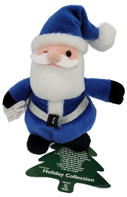 Stuffins 1997 Lumpy's Bean Bag Gang Jolly Blue Bean Santa limited edition Holiday Collection. Jolly Blue Bean Santa is wearing a blue suit and carrying a white sack. The Holiday collection can also be used as a ornament.
