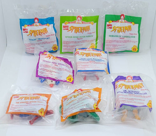 McDonald's Happy Meal toy complete set of 8 Marvel Comics Spider-Man toys from the 1995 Spider-Man series of toys. The toys were based on the 1994 animated television show. The set has #1 The Amazing Spider-Man, #2 Scorpion Stingstriker, #3 Dr. Octopus with moving tentacles, #4 Spider-Man Webrunner, #5 Mary Jane Watson with clip-on fashions, #6 Venom Transport, #7 Spider-Sense Peter Parker and #8 Hobgoblin Landglider. The series was available May 1 - 31, 1995.