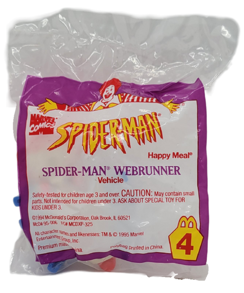 McDonald's Happy Meal toy of Spider-Man Webrunner from the 1995 Spider-Man series of toys. The toys were based on the 1994 animated television show. The series was available May 1 - 31, 1995.