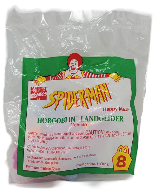 McDonald's Happy Meal toy of Hobgoblin Landglider from the 1995 Spider-Man series of toys. The toys were based on the 1994 animated television show. The series was available May 1 - 31, 1995.
