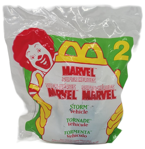 McDonald's Happy Meal toy of Storm vehicle from the 1996 Marvel Super Heroes series of toys.  Storm is in a tornado with her white suit.  The series contained 8 toys for ages 3 & up and 1 toy for under age of 3 and was available May 17, 1996 - June 14, 1996.