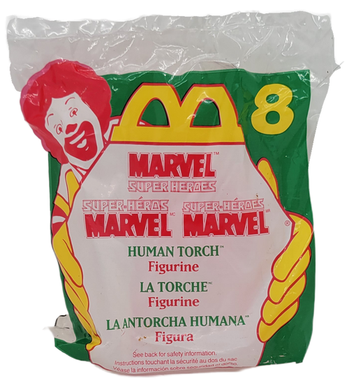 McDonald's Happy Meal toy of Human Torch from the 1996 Marvel Super Heroes series of toys. The Human Torch figure is orange with yellow flame on top of head and shoulders.  The series contained 8 toys for ages 3 & up and 1 toy for under age of 3 and was available May 17, 1996 - June 14, 1996.