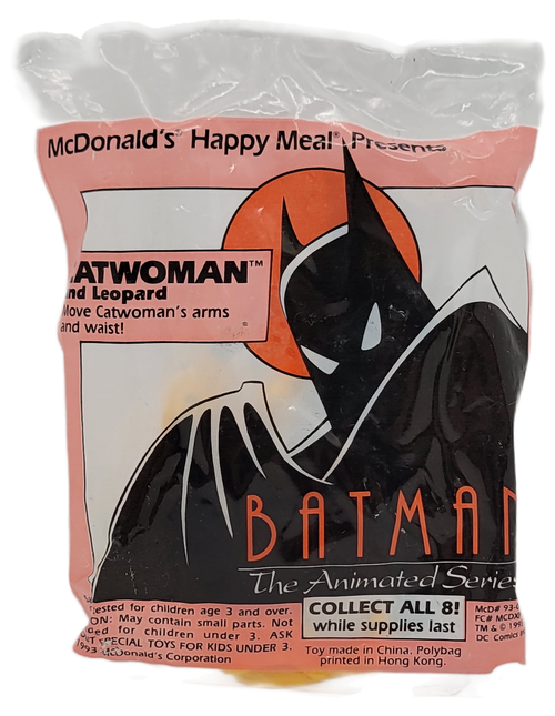 McDonald's Happy Meal toy of Catwoman and Leopard from the 1993 Batman The Animated Series of toys. The line offered a set of 8 toys promoting the Warner Bros. cartoon Batman: The Animated Series. This line consisted of eight toys (four figures & four vehicles) as well as one U3 toy and was available November 5 - 25, 1993.