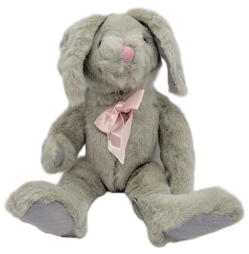 SASCO 1997 Kellogg Co. grey bunny rabbit plush that is approximately 12-inches long. The bunny has pink nose and pink ribbon bowtie and a bean bag stuffed belly.