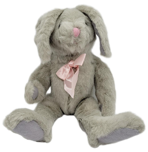 SASCO, Inc Kellogg Co. 1997 Grey Bunny Rabbit Plush Toy, soft grey plush bunny with floppy ears and pink nose, wearing a pink satin bow.