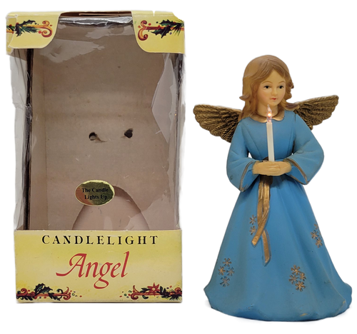 Vintage battery operated candlelight Angel by Radiant. The Angel stands 6-inches tall wearing a blue with gold trim robe. She is holding a single white candle that lights up with 2 "AA" batteries. The Angel was made in Hong Kong.