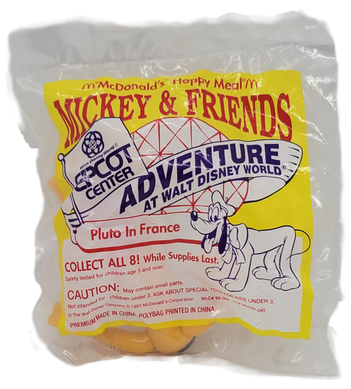McDonald's Happy Meal Mickey & Friends 1994 Epcot Center Adventure at Walt Disney World Pluto in France. The series contains 8 different Disney characters dressed in different cultural outfits and was available July 8 - August 4, 1994. Pluto is dressed in white top with blue.