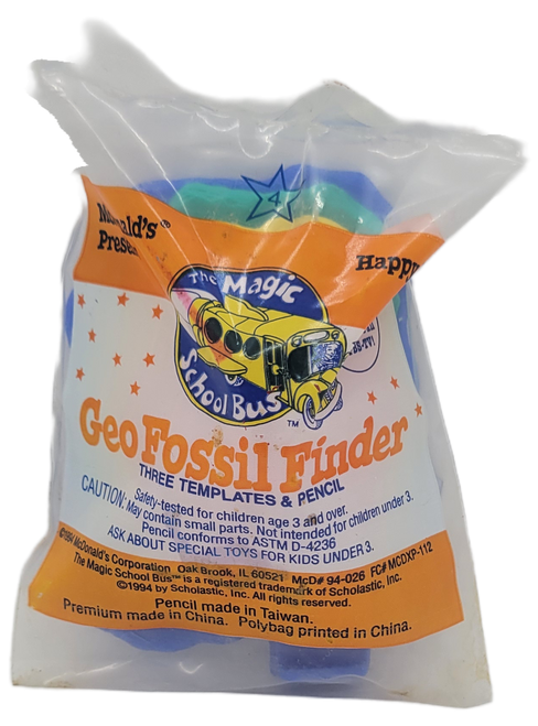 McDonald's Happy Meal toy Geo Fossil Finder from the 1994 The Magic School Bus series of toys. The Geo Fossil Finder is blue, green and yellow has 3 tracing templates and pencil. The series contained 4 different school related items and was available September 9 - October 6, 1994.