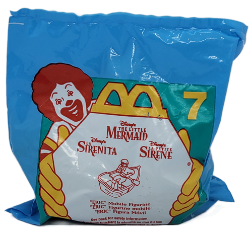 McDonald's Happy Meal toy #7 Eric mobile figure from the 1997 Disney's The Little Mermaid Series. Eric is in a boat holding a paddle. The series contains 8 different characters and was available November 28 - December 25, 1997.