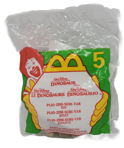 McDonald's Happy Meal toy of Plio-Zini-Suri-Yar toy from the 2000 Walt Disney Dinosaur series of toys. They are a family of lemurs who adopt an orphaned Iguanodon named Aladar. They are the sole survivors of their island's destruction and accompany Aladar to find a new home. The series contains 8 different toys and was available May 19 - June 15, 2000.